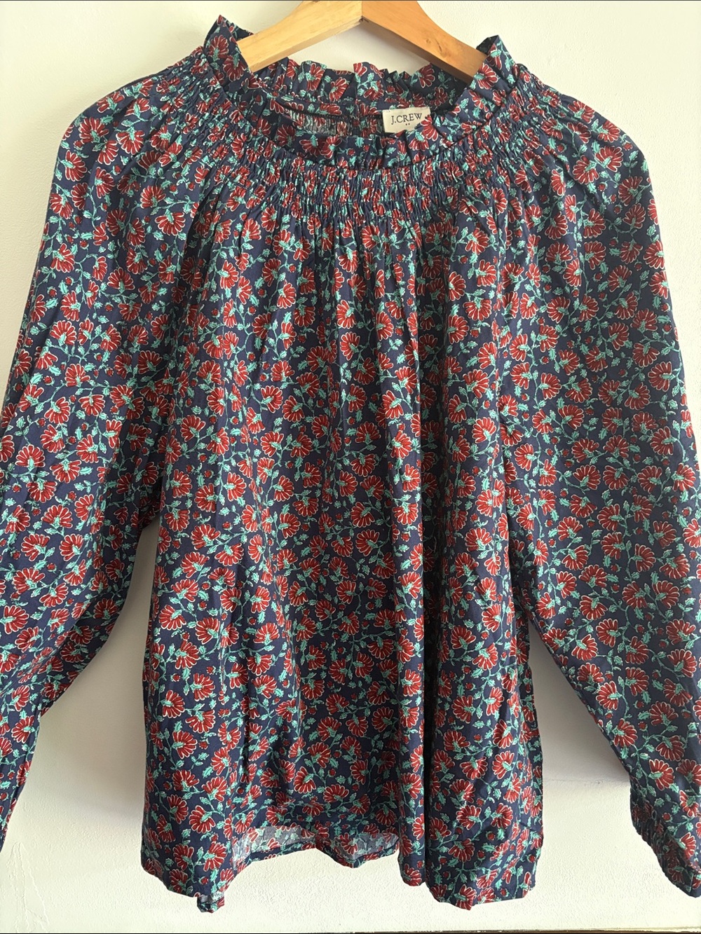 J.Crew Navy Floral Smocked Neck Womens Top